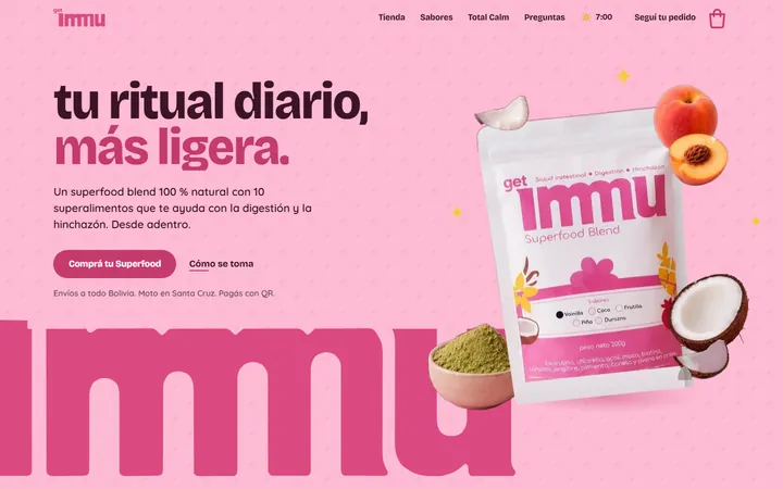 Portada de la tienda en línea de IMMU, con su bolsa de superalimentos sobre fondo rosado