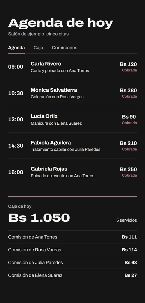 Agenda de hoy de un sistema para salones, con las citas de cada profesional, la caja del día y las comisiones